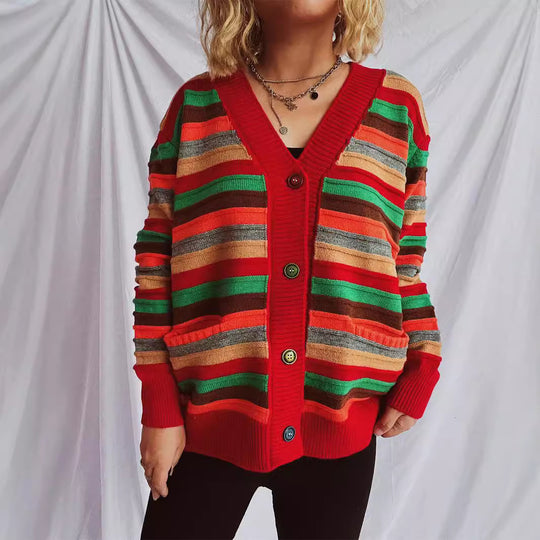 Damen Strickjacke mit buntem Streifenmuster und knöpfbarem Design Heidi-Mode