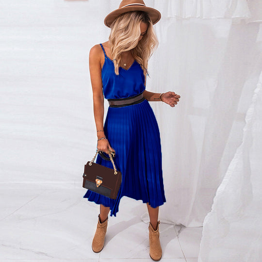 Damen Plissee Midi-Kleid mit Spaghettiträgern und schmeichelnder Silhouette Heidi-Mode