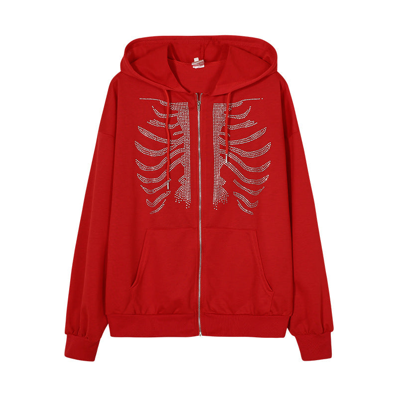 Damen Kapuzenjacke mit einzigartigem Skelett-Design und funkelnden Strasssteinen Heidi-Mode