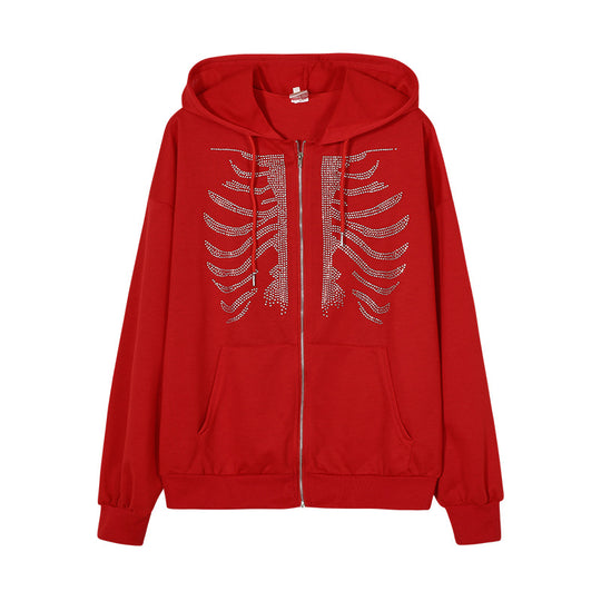 Damen Kapuzenjacke mit einzigartigem Skelett-Design und funkelnden Strasssteinen Heidi-Mode