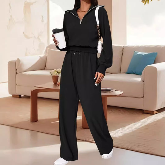 Damen Lässiger Jumpsuit mit Reißverschluss und weitem Bein Heidi-Mode