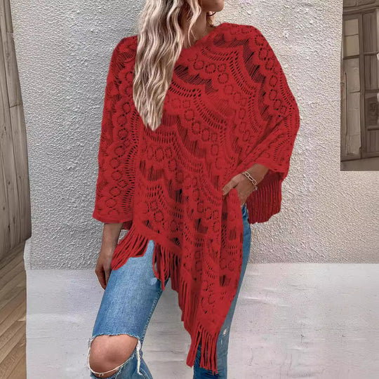 Damen eleganter Poncho mit dekorativem Häkelmuster Heidi-Mode