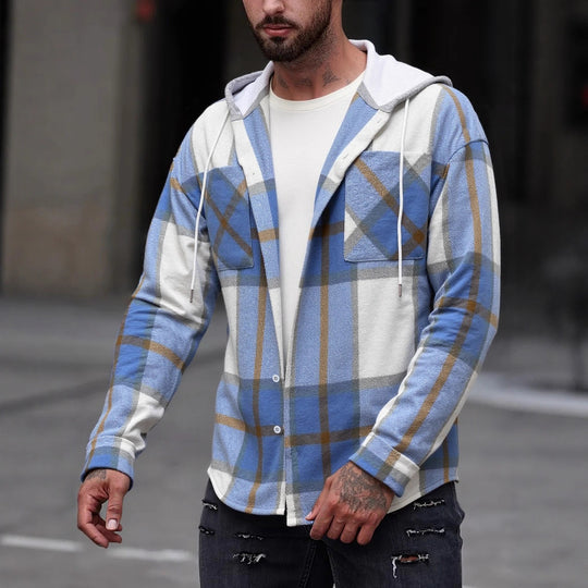 Herren Flanelljacke im lässigen Karomuster mit Kapuze und zwei Taschen Heidi-Mode