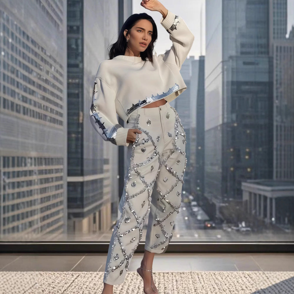 Damen modischer cropped Pullover mit Pailletten Heidi-Mode