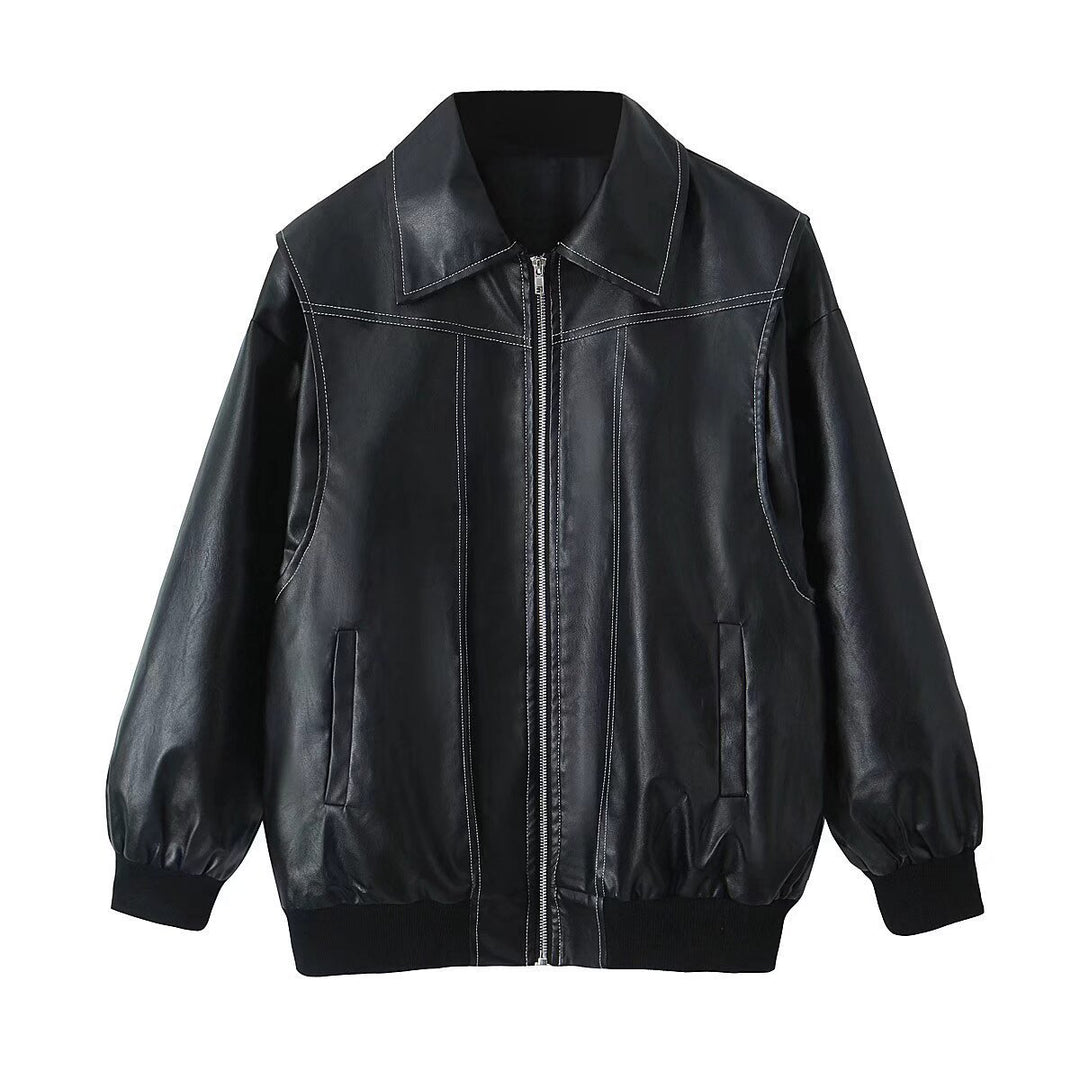 Damen modische Lederjacke mit strukturiertem Kragen und praktischen Taschen Heidi-Mode