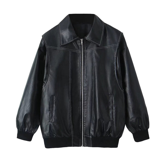 Damen modische Lederjacke mit strukturiertem Kragen und praktischen Taschen Heidi-Mode