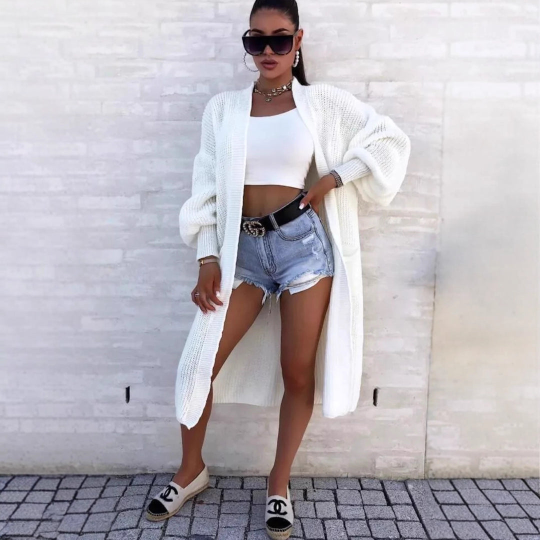 Damen Langer Strickcardigan mit weiten Ärmeln und praktischen Taschen Heidi-Mode