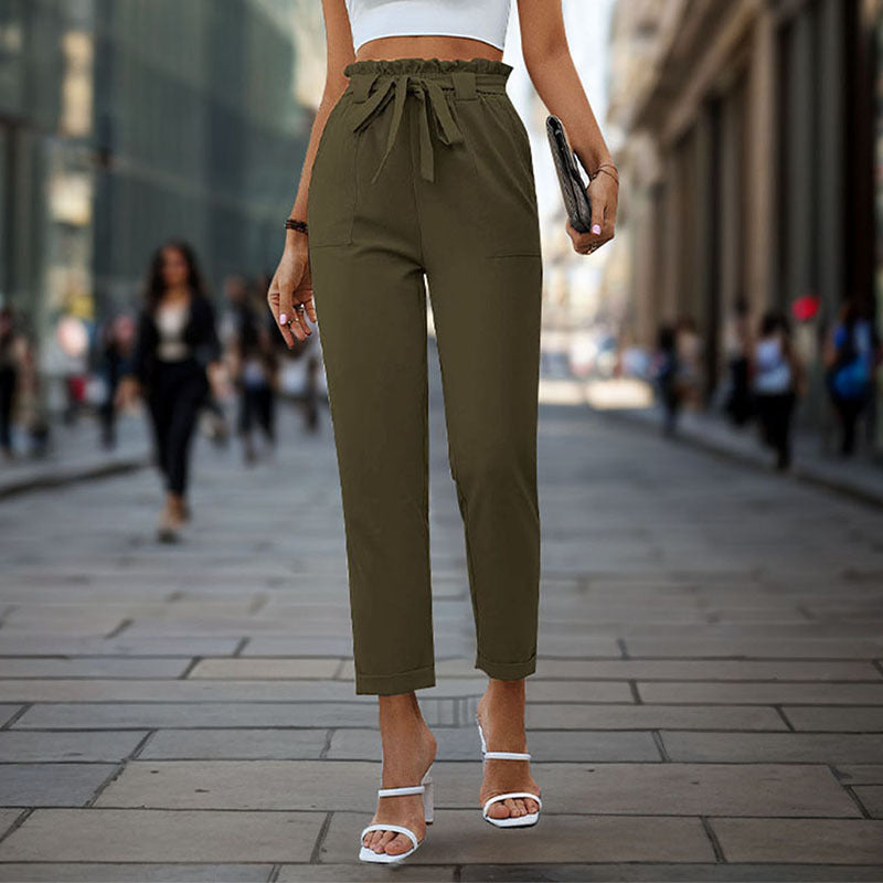 Damen elegante Chino-Hose mit hohem Bund und Taillenzug Heidi-Mode