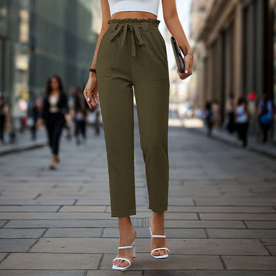 Damen elegante Chino-Hose mit hohem Bund und Taillenzug Heidi-Mode