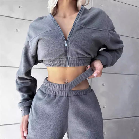 Damen sportliches Fleece-Set mit cropped Hoodie und elastischer Hose Heidi-Mode
