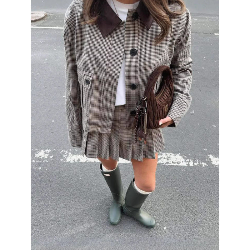 Damen Karomuster Blazerjacke mit kurzen Ärmeln und passender Minirock Heidi-Mode