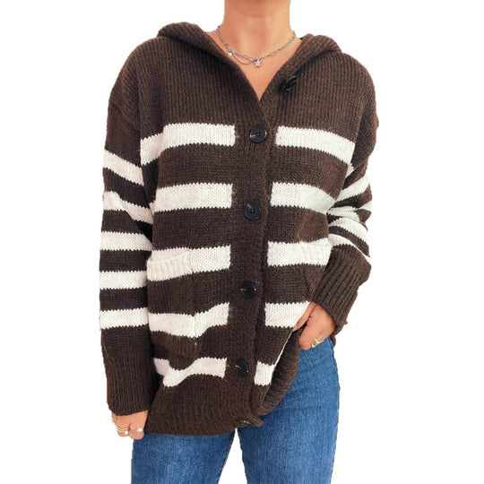 Damen oversized Strickjacke mit kontrastierenden Streifen und Kapuze Heidi-Mode