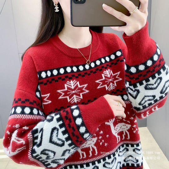 Damen Grobstrickpullover mit festlichem Rentiermotiv und modernem Design Heidi-Mode