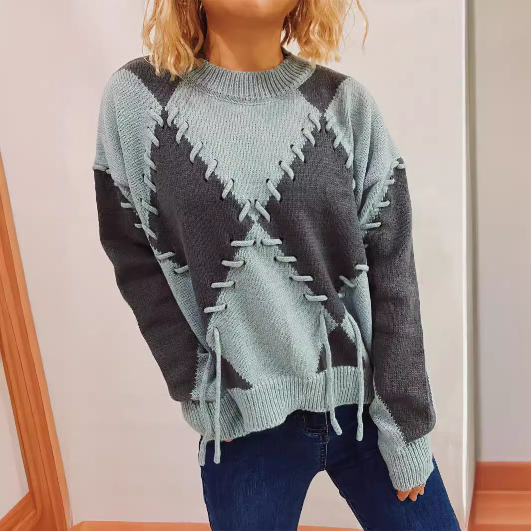 Damen gemütlicher Strickpullover mit auffälligem Design und modernen Schnürdetails Heidi-Mode