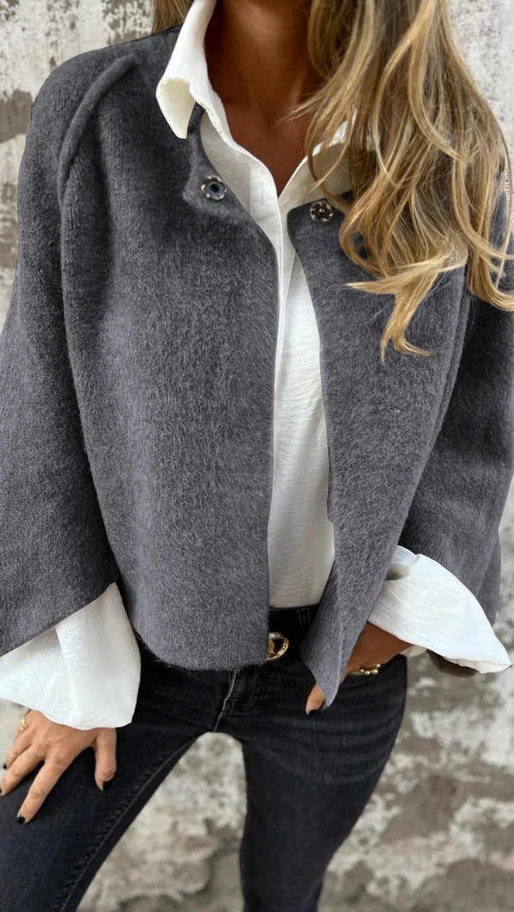 Heidi-Mode | Gemütlicher Damen lockerer kurzer Cashmere Knopf Langarm Mantel