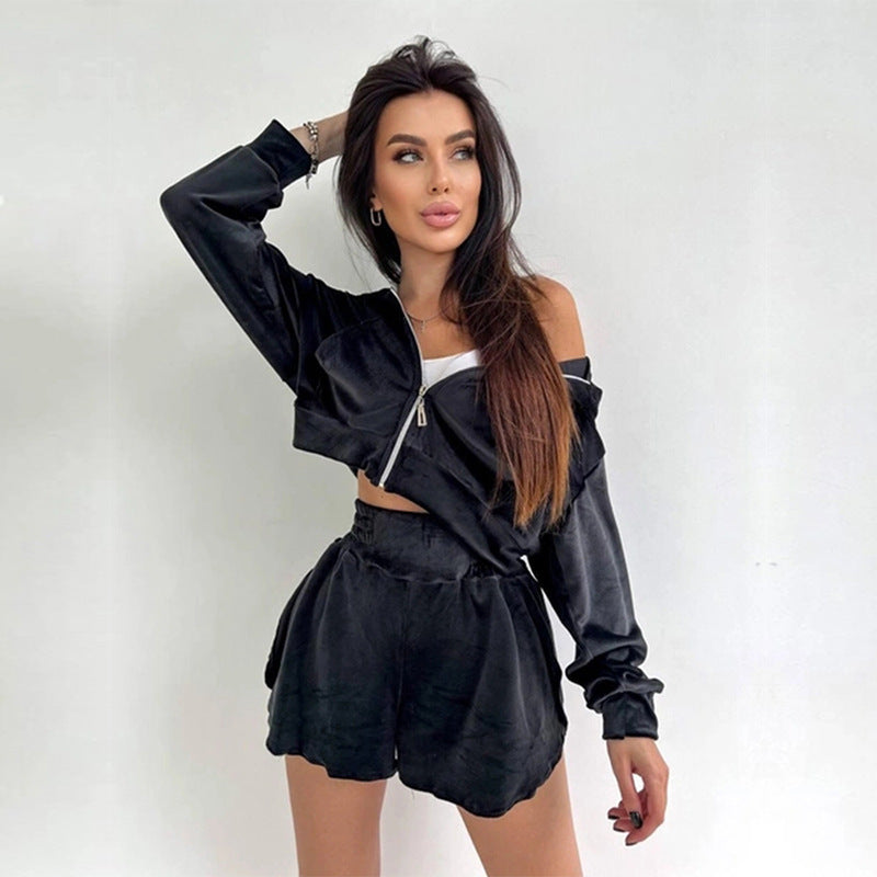 Damen Sportliches Cropped Freizeit-Set mit Reißverschluss und elastischem Bund Heidi-Mode
