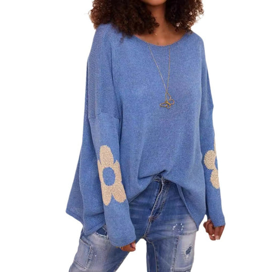 Damen grob gestrickter Pullover mit floralem Design und weitem Schnitt Heidi-Mode