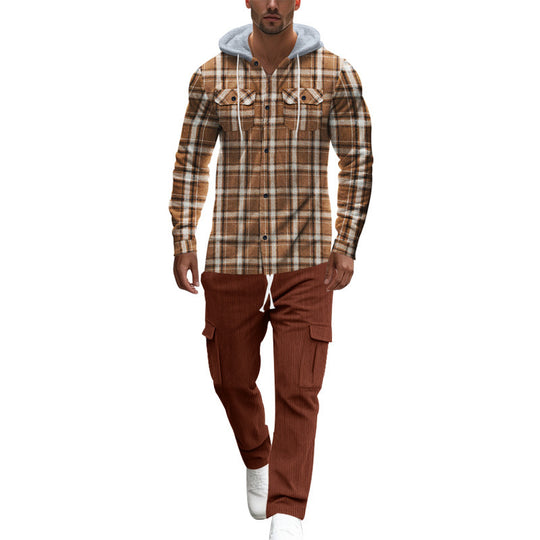 Herren gemusterte Kapuzenshirtjacke mit karierter Struktur und praktischen Taschen Heidi-Mode