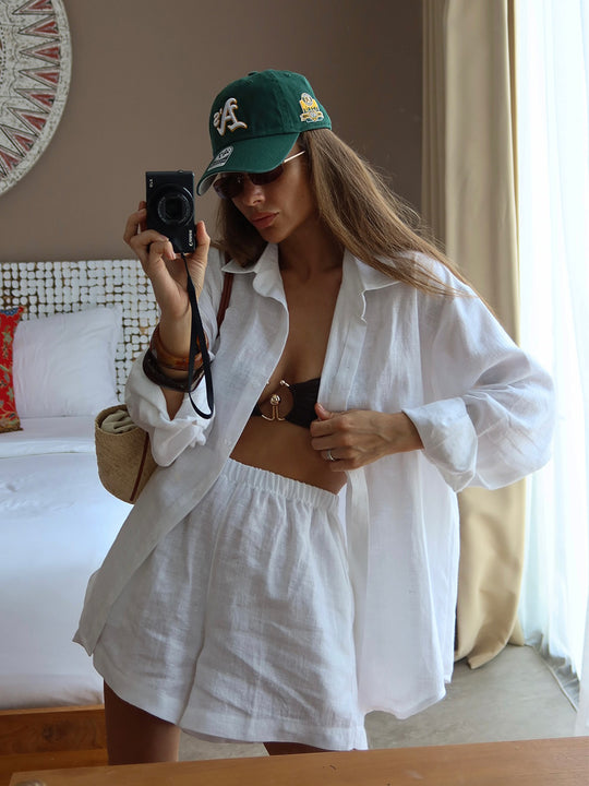 Damen lässiges Leinen Set mit lockerer Bluse und Shorts Heidi-Mode