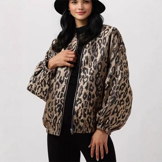 Damen modische Bomberjacke mit Leopardenmuster und elastischen Bündchen Heidi-Mode