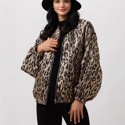 Damen modische Bomberjacke mit Leopardenmuster und elastischen Bündchen Heidi-Mode