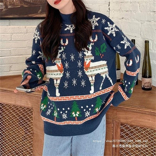 Damen Festlicher Pullover mit 3D-Rentier-Motiv und Hochkragen Heidi-Mode