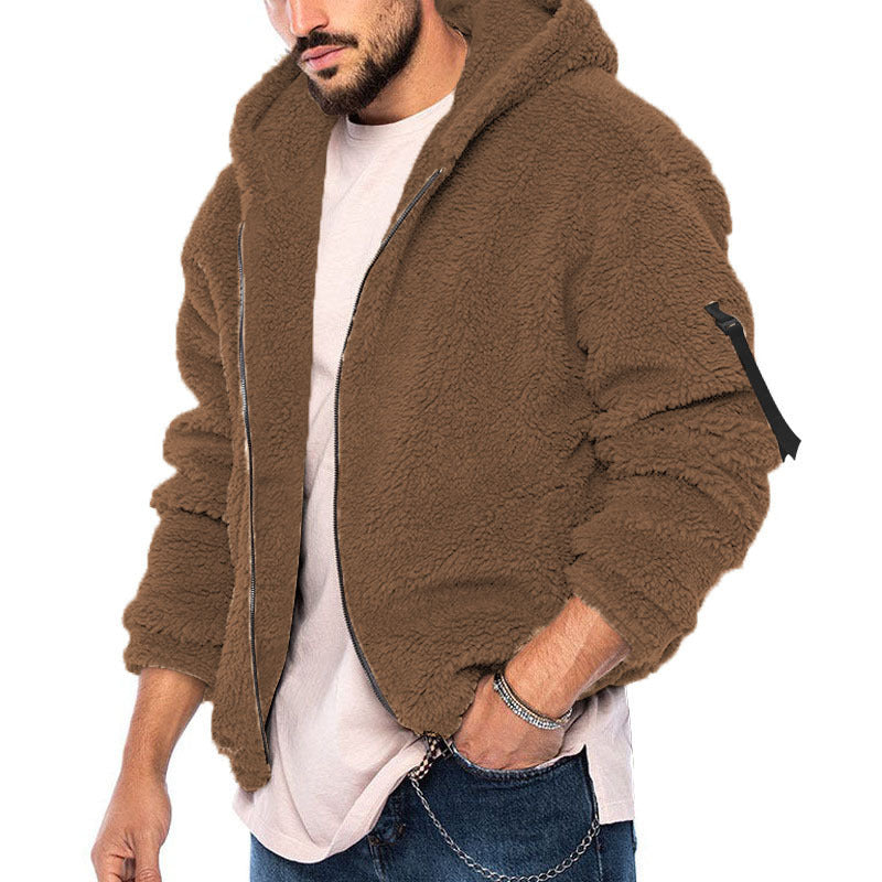 Herren kuschelige Teddyjacke mit seitlichen Reißverschlusstaschen und Kapuze Heidi-Mode