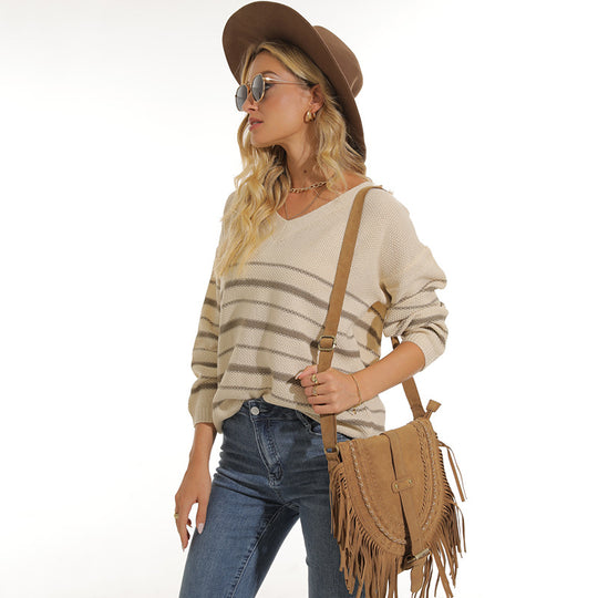 Damen lässiger Pullover mit modernem Streifenmuster und V-Ausschnitt Heidi-Mode
