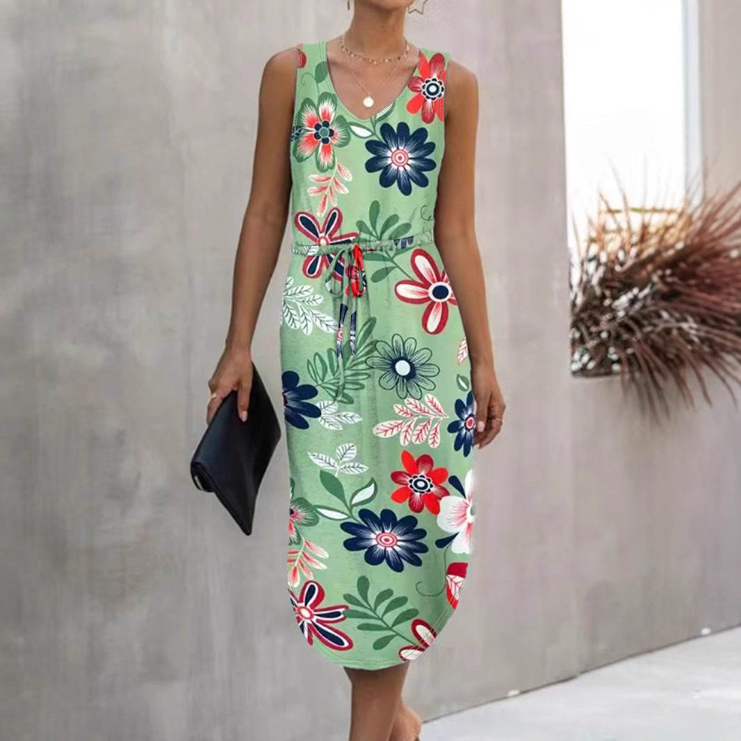 Damen Blumendruck Midi Kleid mit verstellbarem Bund Heidi-Mode