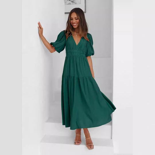 Damen Maxikleid mit voluminösen Puffärmeln und tiefer V-Ausschnittgestaltung Heidi-Mode