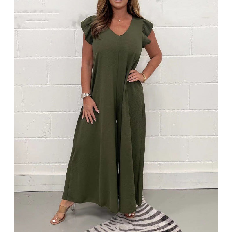 Damen luftiger Jumpsuit mit weit geschnittenem Bein und V-Ausschnitt Heidi-Mode