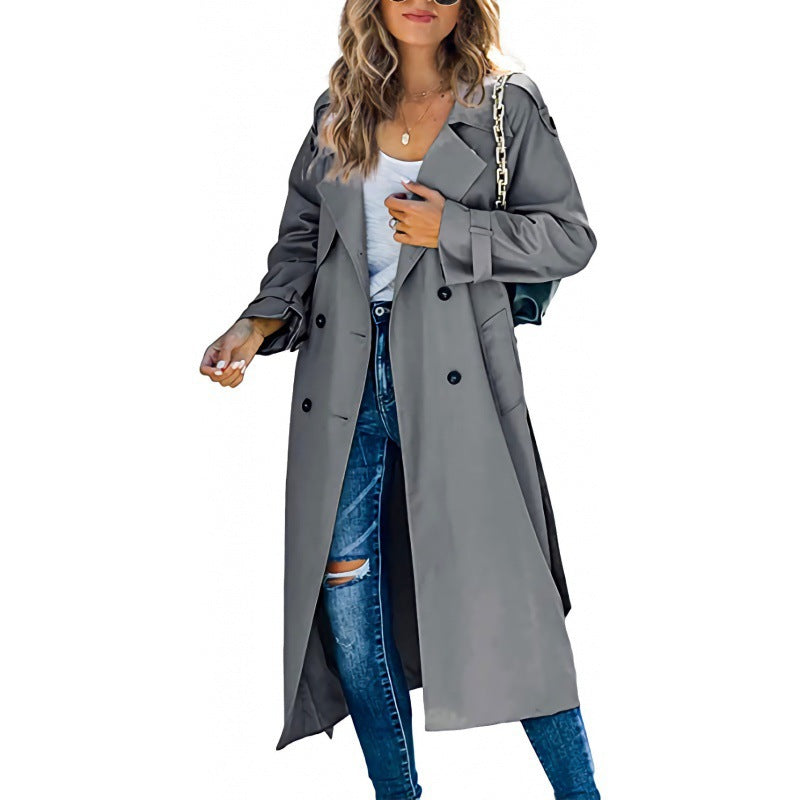 Damen eleganter Trenchcoat mit doppelt Reihe Knopfverschluss und Taillengürtel Heidi-Mode
