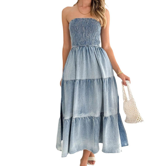 Damen Maxi Kleid mit strukturierter Oberpartie und weit schwingendem Rock Heidi-Mode