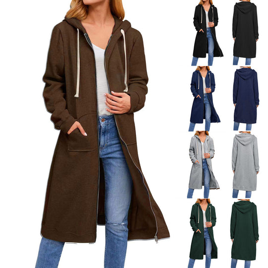Damen lange Kapuzenjacke mit Reißverschluss und praktischen Taschen Heidi-Mode