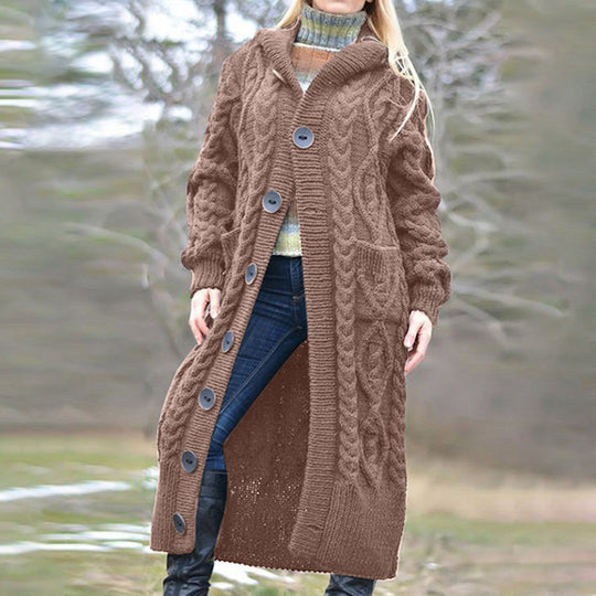 Damen Langer Strickmantel mit Kapuze und klassischem Zopfdesign Heidi-Mode