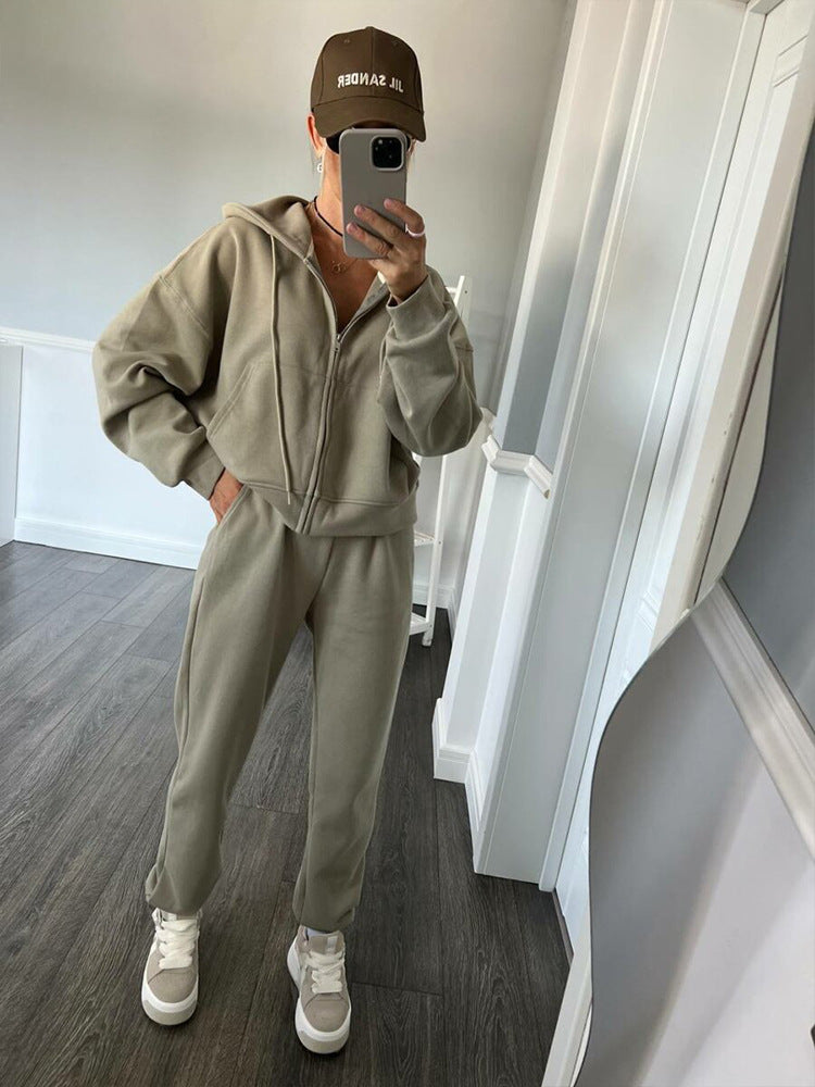 Damen sportliches Fleece-Jogginganzug mit praktischer Kapuze und elastischem Bund Heidi-Mode