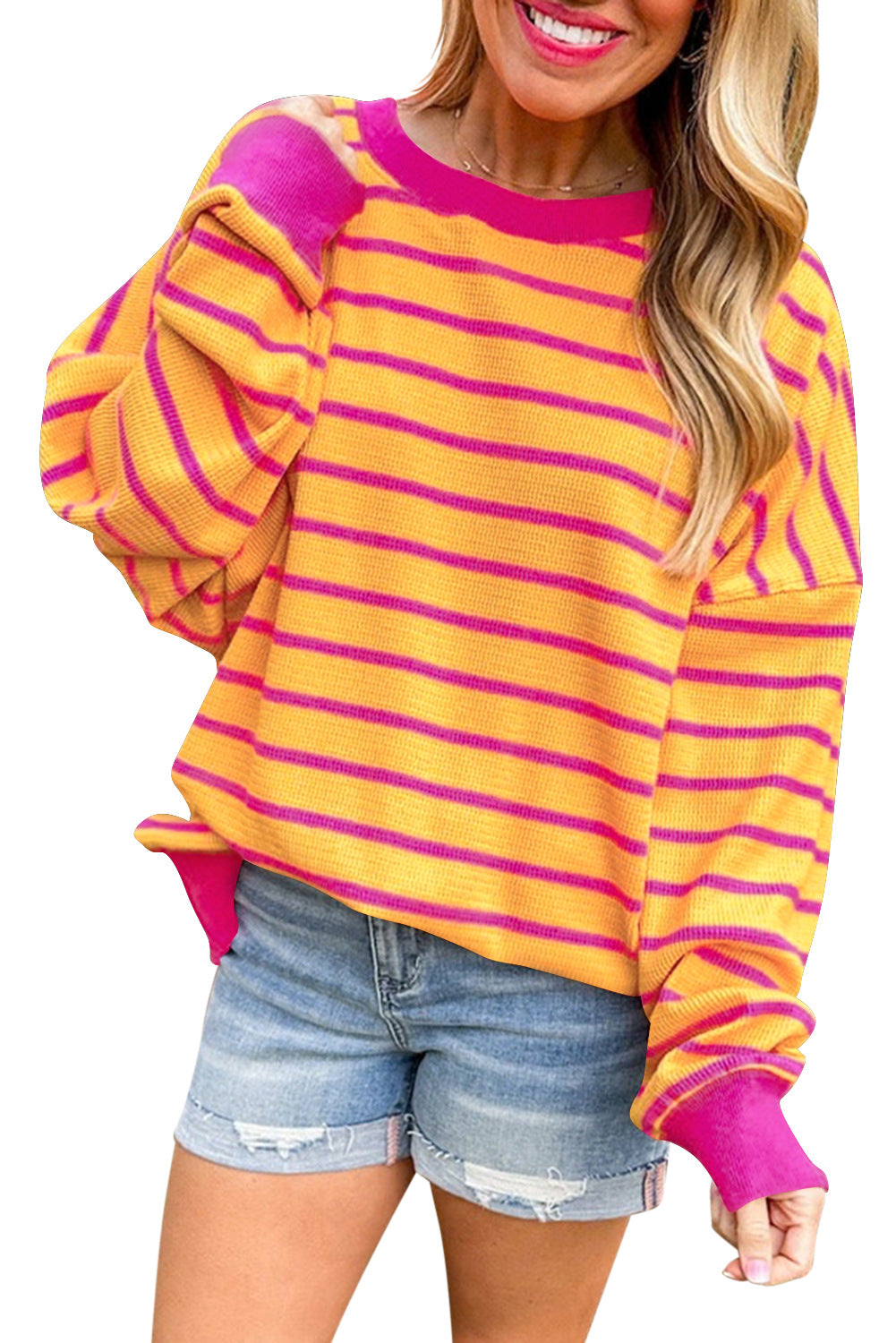 Damen lässiger und bequemer Pullover mit strukturiertem Rippenmuster und weitem Schnitt Heidi-Mode