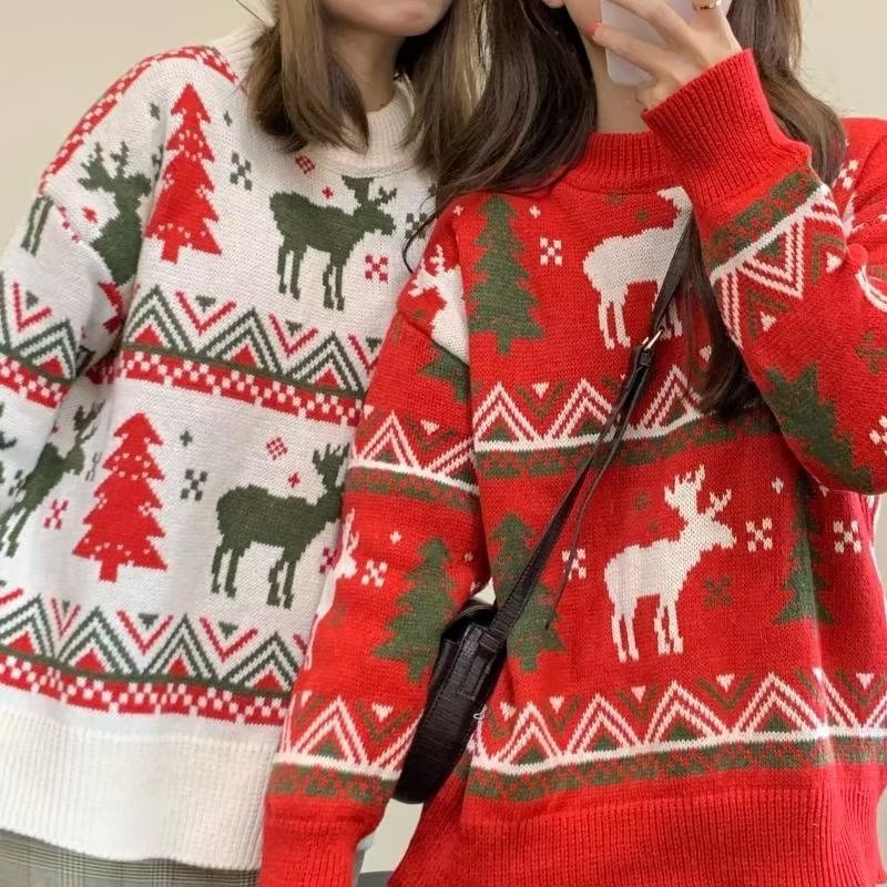 Damen Grobstrickpullover mit festlichem Rentier-Motiv und Rundhalsausschnitt Heidi-Mode