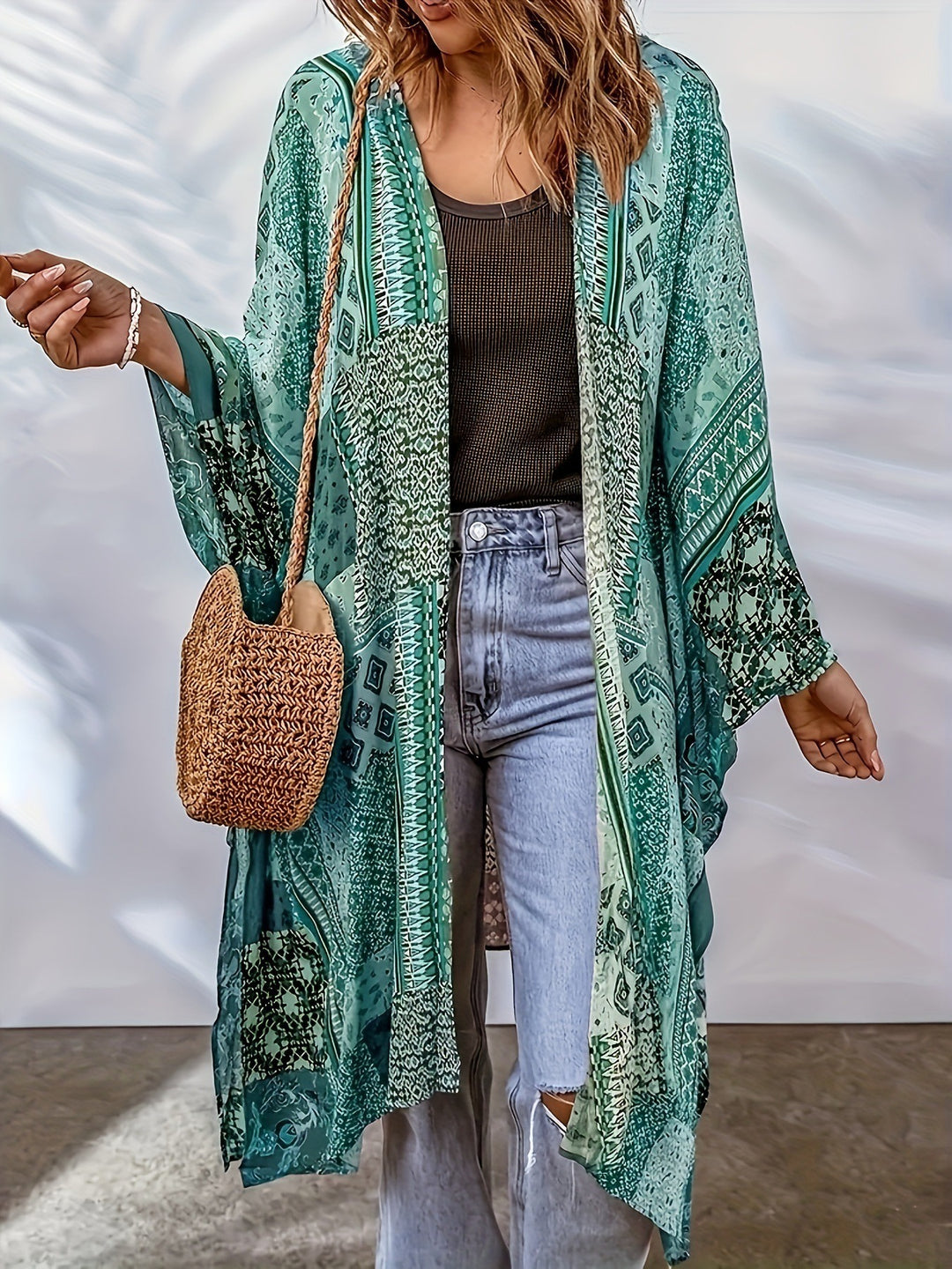 Damen Lässige Kimono-Jacke mit buntem Muster und weitem Schnitt Heidi-Mode