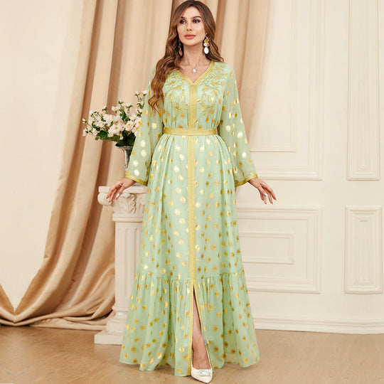 Heidi-Mode | Damen Pastellgrün und Gold Glänzendes Pünktchen Maxi Kleid