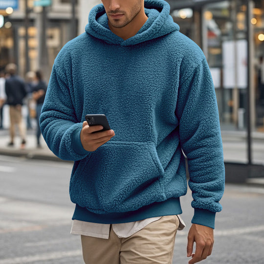 Herren Hoodie aus kuscheligem Teddy-Fleece mit Kängurutasche und breiten Bündchen Heidi-Mode