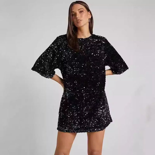 Damen Glamouröses Minikleid mit funkelnden Pailletten und oversized Ärmeln Heidi-Mode