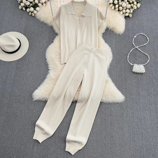Damen elegantes Lounge-Set mit kurzärmligem Polo und weiten Hosen Heidi-Mode