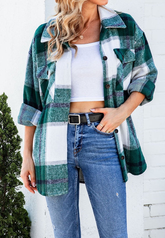 Damen Karierte Flanelljacke mit Brusttaschen Heidi-Mode