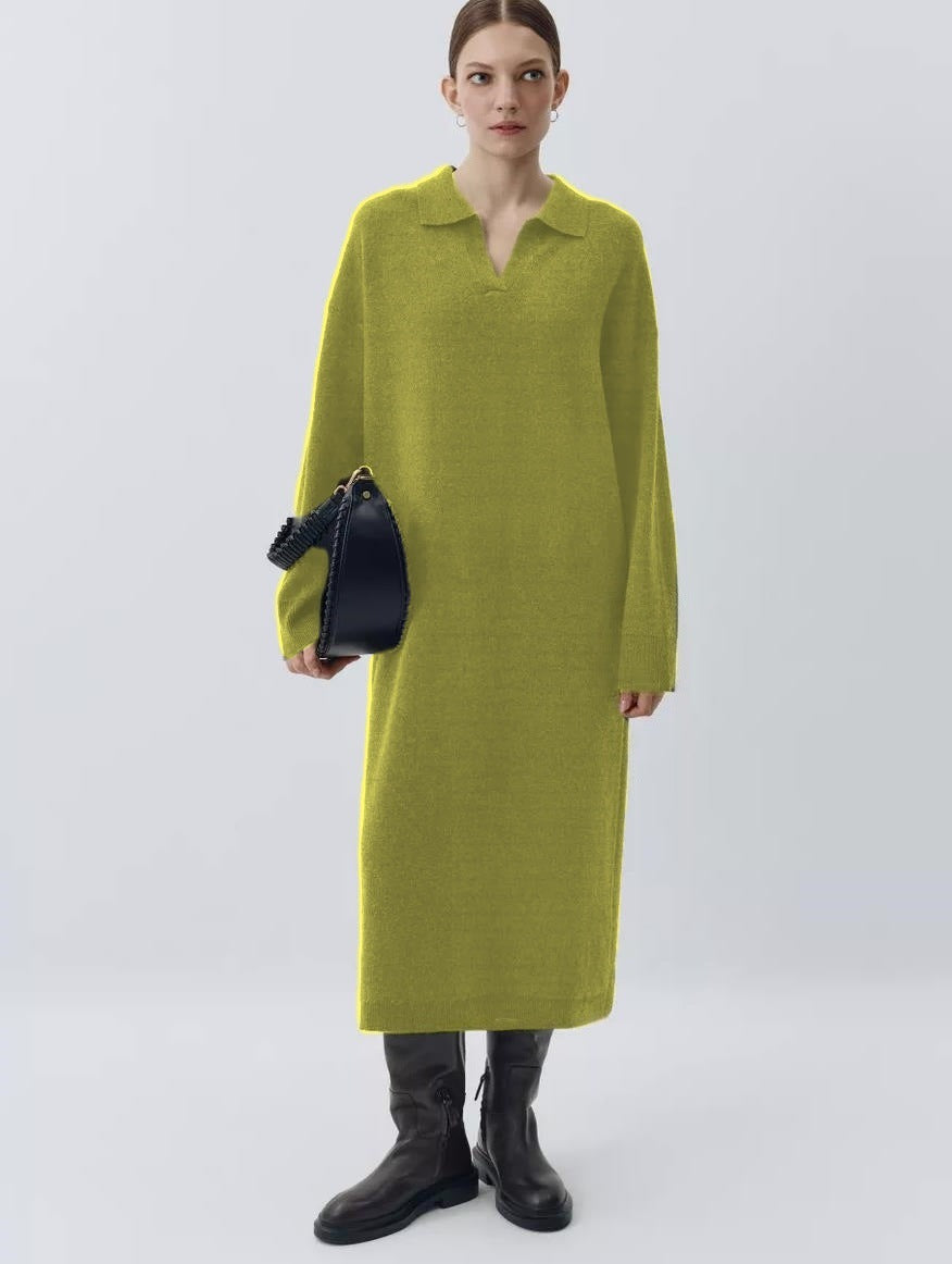 Damen Übergröße Strickkleid mit modernem Polokragen und langen Ärmeln Heidi-Mode