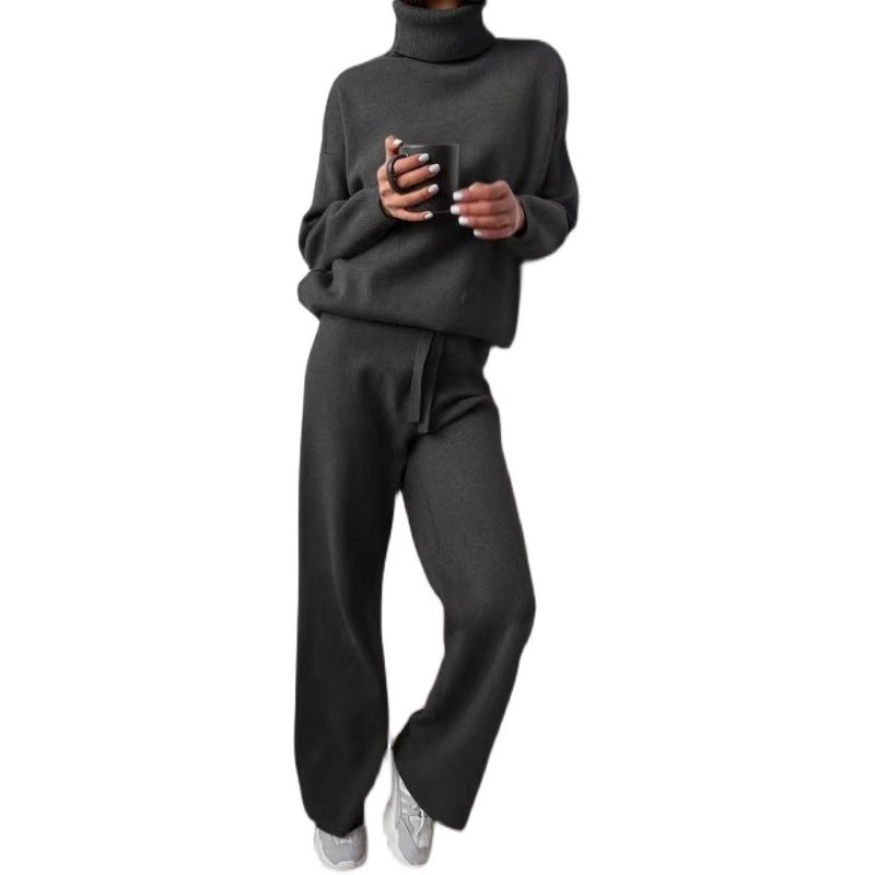 Damen elegantes Strick-Loungewear-Set mit hohem Kragen und weitem Bein Heidi-Mode