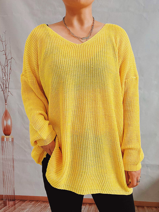 Damen lässiger V-Ausschnitt Pullover mit strukturiertem Strickmuster Heidi-Mode