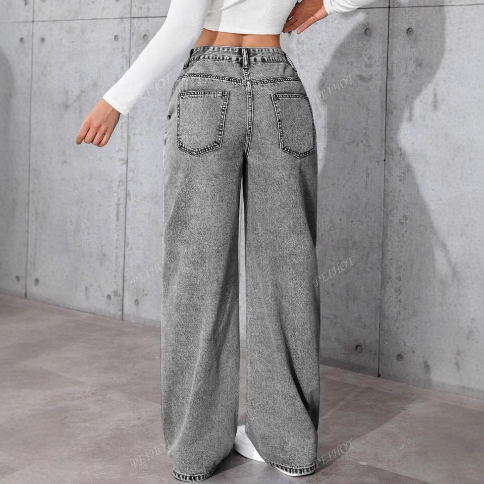 Damen Weit geschnittene Jeans mit kräftigen Kontrastnähten und verspielt gestickten Taschen Heidi-Mode