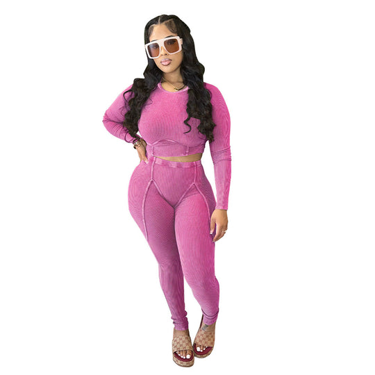 Damen Set aus cropped Oberteil und hoch taillierten Leggings mit strukturiertem Design Heidi-Mode