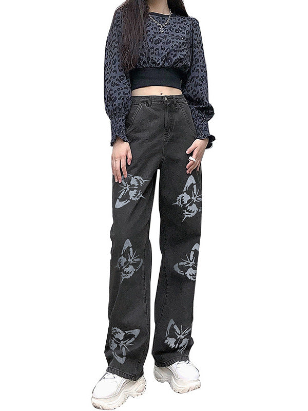 Damen Weit geschnittene Jeans mit kreativem Schmetterlingsdruck Heidi-Mode